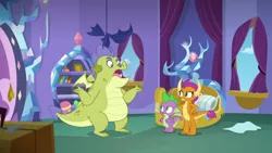 Size: 1280x720 | Tagged: derpibooru import, displeased, dragon, dragoness, father knows beast, female, fraud, male, raised eyebrow, safe, screencap, shrug, sludge (dragon), smolder, spike, spike's room, trio, winged spike