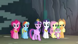 Size: 1280x720 | Tagged: alicorn, applejack, big crown thingy, crown, derpibooru import, element of magic, fluttershy, jewelry, mane seven, mane six, necklace, pinkie pie, princess twilight sparkle (episode), rainbow dash, rarity, regalia, safe, screencap, spike, stairs, twilight sparkle, twilight sparkle (alicorn)