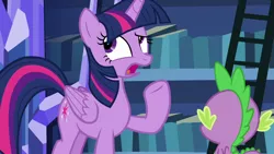 Size: 1280x720 | Tagged: alicorn, bookshelf, derpibooru import, dragon, father knows beast, ladder, library, raised eyebrow, raised hoof, safe, screencap, spike, twilight's castle, twilight's castle library, twilight sparkle, twilight sparkle (alicorn), winged spike