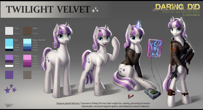 Size: 4057x2212 | Tagged: safe, artist:l1nkoln, derpibooru import, twilight velvet, pony, unicorn, fanfic:spectrum of lightning, series:daring did tales of an adventurer's companion, badass, bipedal, breadboard, chubby, clothes, electricity, fanfic art, female, fit, gun, hood, implied daring do, jacket, leather jacket, magic, mare, muscles, oscilloscope, plump, reference sheet, rifle, ripped, scar, solo, toned, weapon, weight loss