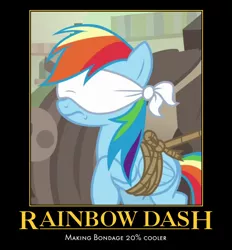 Size: 600x647 | Tagged: blindfold, bondage, cropped, daring done?, derpibooru import, edit, edited screencap, motivational poster, rainbond dash, rainbow dash, safe, screencap, solo, tied up