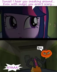 Size: 1908x2416 | Tagged: safe, derpibooru import, editor:leonidus, sci-twi, sunset shimmer, twilight sparkle, human, equestria girls, equestria girls (movie), canterlot high, dialogue, evil grin, funny, grin, halloween, hallway, headless, holiday, jack-o-lantern, lockers, magic, modular, prank, pumpkin, scared, screaming, smiling, text