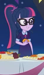 Size: 233x391 | Tagged: safe, derpibooru import, screencap, sci-twi, twilight sparkle, equestria girls, equestria girls series, clothes, cropped, egg (food), female, food, fruit, glasses, grapes, ponytail, smiling, solo