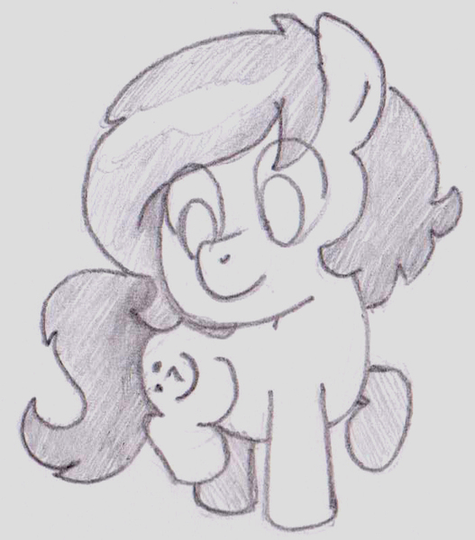 Size: 698x795 | Tagged: safe, artist:lockhe4rt, derpibooru import, oc, oc:anonfilly, unofficial characters only, earth pony, pony, :^), alternate cutie mark, female, filly, looking at cutie mark, monochrome, pencil drawing, smiley, solo, traditional art