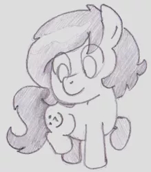 Size: 698x795 | Tagged: safe, artist:lockhe4rt, derpibooru import, oc, oc:anonfilly, unofficial characters only, earth pony, pony, :^), alternate cutie mark, female, filly, looking at cutie mark, monochrome, pencil drawing, smiley, solo, traditional art