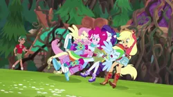 Size: 1280x720 | Tagged: safe, derpibooru import, screencap, applejack, fluttershy, pinkie pie, rainbow dash, rarity, timber spruce, equestria girls, legend of everfree, applejack's hat, boots, camp everfree, camp everfree outfits, camp fashion show outfit, clothes, converse, cowboy boots, cowboy hat, female, hat, high heel boots, legs, male, pants, ponied up, shoes, shorts, skirt, sneakers, wings