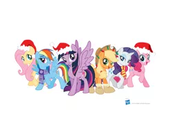 Size: 725x565 | Tagged: alicorn, applejack, best gift ever, christmas, clothes, derpibooru import, fluttershy, hat, hearth's warming eve, holiday, mane six, official, pinkie pie, rainbow dash, rarity, safe, santa hat, scarf, simple background, twilight sparkle, twilight sparkle (alicorn), white background
