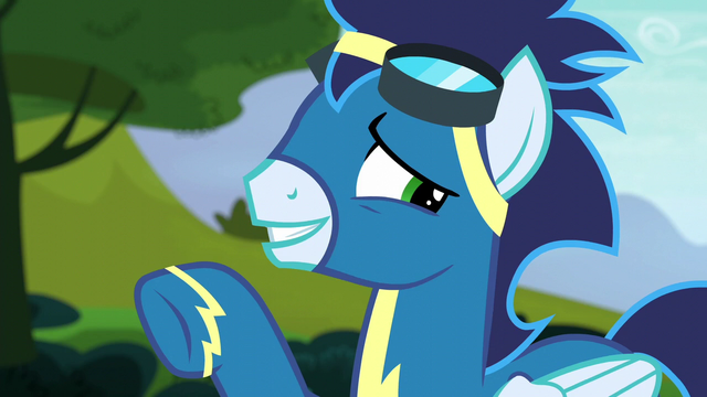 Size: 640x360 | Tagged: safe, derpibooru import, screencap, soarin', pony, newbie dash, clothes, male, nervous, smiling, solo, uniform, wings, wonderbolts uniform