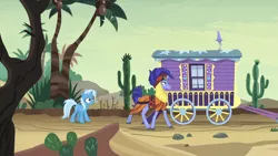 Size: 1280x720 | Tagged: derpibooru import, duo, hoo'far, messy mane, road to friendship, safe, scratches, screencap, trixie, trixie's wagon