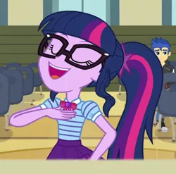 Size: 454x449 | Tagged: safe, derpibooru import, screencap, flash sentry, sci-twi, twilight sparkle, all the world's off stage, equestria girls, equestria girls series, cropped, female, geode of telekinesis, glasses, magical geodes, male, ponytail