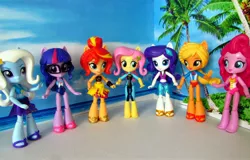Size: 2800x1795 | Tagged: safe, artist:whatthehell!?, derpibooru import, applejack, fluttershy, pinkie pie, rarity, sunset shimmer, trixie, twilight sparkle, equestria girls, equestria girls series, barefoot, beach, clothes, doll, equestria girls minis, eqventures of the minis, feet, flip-flops, glasses, irl, photo, sandals, sarong, swimsuit, toy