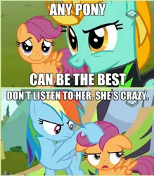 Size: 842x960 | Tagged: caption, comic, dead source, derpibooru import, edit, edited screencap, floppy ears, image macro, lightning dust, meme, rainbow dash, safe, scootaloo, screencap, screencap comic, source needed, text, the washouts (episode), useless source url