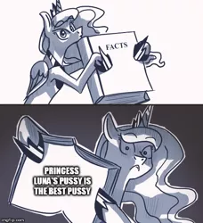 Size: 500x548 | Tagged: suggestive, artist:askbestprincessluna, artist:quarium edits, derpibooru import, princess luna, pony, book, ed edd n eddy, exploitable meme, facts, luna's fact book, meme, solo