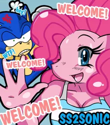 Size: 675x768 | Tagged: anthro, artist:ss2sonic, crossover, cross-popping veins, derpibooru import, fourth wall, pinkie pie, safe, sonic the hedgehog, sonic the hedgehog (series)