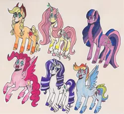 Size: 1024x941 | Tagged: safe, artist:draw1709, derpibooru import, applejack, fluttershy, pinkie pie, rainbow dash, rarity, twilight sparkle, earth pony, pegasus, pony, unicorn, leak, spoiler:g5, applejack (g5), fluttershy (g5), g5, mane six, mane six (g5), pegasus pinkie pie, pinkie pie (g5), race swap, rainbow dash (g5), rarity (g5), traditional art, twilight sparkle (g5), unicorn fluttershy
