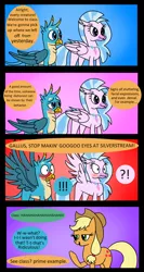 Size: 1500x2825 | Tagged: safe, artist:noidavaliable, derpibooru import, applejack, gallus, silverstream, classical hippogriff, earth pony, gryphon, hippogriff, pony, comic:signs of dishonesty, !!!, blushing, comic, exclamation point, female, gallstream, interrobang, male, question mark, shipper on deck, shipperjack, shipping, simple background, speech bubble, spread wings, straight, wingboner, wings