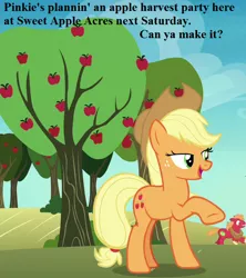 Size: 584x657 | Tagged: safe, derpibooru import, edit, edited screencap, screencap, applejack, big macintosh, grannies gone wild, apple, applejack's hat, apple tree, bronybait, cowboy hat, cropped, cute, food, hat, implied pinkie pie, jackabetes, sweet apple acres, tree