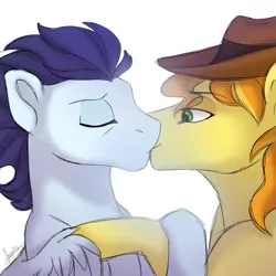 Size: 1024x1024 | Tagged: safe, artist:scorpion-89, derpibooru import, braeburn, soarin', pegasus, pony, cowboy hat, eyes closed, gay, hat, kissing, lidded eyes, male, shipping, simple background, soarburn, stallion, white background