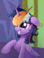 Size: 1718x2273 | Tagged: safe, artist:draconidsmxz, derpibooru import, twilight sparkle, twilight sparkle (alicorn), alicorn, pony, castle sweet castle, cute, female, floppy ears, food, horn, horn impalement, i'm pancake, mare, messy mane, pancakes, scene interpretation, smiling, solo, twiabetes, twilight's castle