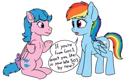 Size: 2669x1700 | Tagged: safe, artist:zippysqrl, derpibooru import, firefly, rainbow dash, pegasus, pony, g1, my little pony 'n friends, 35th anniversary, bow, breaking the fourth wall, chest fluff, dialogue, duo, female, folded wings, g1 to g4, g4, generation leap, generational ponidox, looking at each other, mare, shrug, shrugpony, simple background, speech bubble, tail bow, transparent background, underhoof, wings