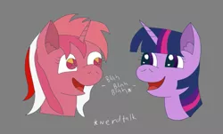 Size: 771x465 | Tagged: safe, artist:coldfire, derpibooru import, galaxy (g1), twilight sparkle, pony, unicorn, 35th anniversary, blah blah blah, bust, colored, ear fluff, female, flat colors, happy, mare, open mouth, simple background
