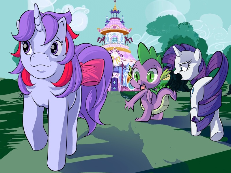 Size: 1600x1200 | Tagged: safe, artist:hakirayleigh, derpibooru import, rarity, sparkler (g1), spike, dragon, pony, unicorn, 35th anniversary, :3, angry, bow, carousel boutique, distracted boyfriend meme, eyes on the prize, female, frown, glare, implied shipping, implied sparity, implied straight, looking back, mare, meme, open mouth, raised hoof, smiling, tail bow, walking, wide eyes, winged spike