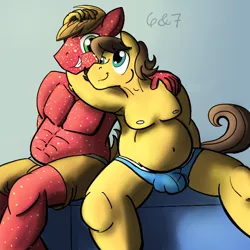 Size: 600x600 | Tagged: suggestive, artist:sixes&sevens, derpibooru import, big macintosh, caramel, anthro, earth pony, armpits, bhm, carafat, caramac, chubby, clothes, crotch bulge, cuddling, fat, freckles, gay, male, moobs, muscles, partial nudity, shipping, sitting, topless, underwear