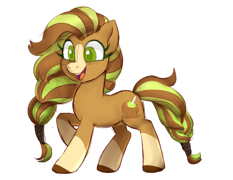 Size: 1293x1000 | Tagged: safe, artist:sickly-sour, derpibooru import, oc, oc:caramel apple, unofficial characters only, earth pony, pony, apple, caramel apple (food), female, food, socks (coat marking), solo