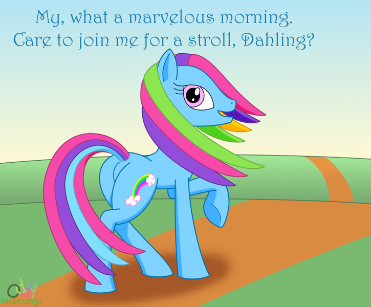 Size: 972x804 | Tagged: safe, artist:oddymcstrange, derpibooru import, rainbow dash (g3), earth pony, pony, butt, dialogue, female, g3, looking at you, looking back, looking back at you, mare, morning, plot, raised hoof, solo, underhoof