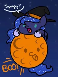 Size: 1280x1707 | Tagged: safe, artist:flutterluv, derpibooru import, princess luna, alicorn, pony, series:flutterluv's full moon, chibi, cute, full moon, halloween, hat, holiday, moon, open mouth, solo, tangible heavenly object, witch hat