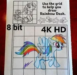 Size: 720x708 | Tagged: safe, derpibooru import, rainbow dash, rainbow dash (g3), earth pony, pegasus, pony, 4k hd, 8-bit, g3, g4, grid, jpegasus, jpg artifacts, needs more jpeg, technically correct, text, traditional art