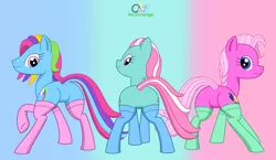 Size: 1394x808 | Tagged: suggestive, artist:oddymcstrange, derpibooru import, minty, pinkie pie (g3), rainbow dash (g3), earth pony, pony, both cutie marks, butt, clothes, featureless crotch, female, females only, g3, g3 to g4, generation leap, gradient background, looking back, mare, plot, presenting, raised hoof, rear view, smiling, socks, trio