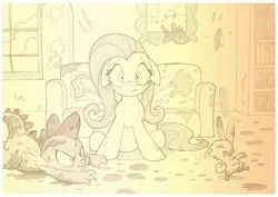 Size: 1042x737 | Tagged: safe, artist:sherwoodwhisper, derpibooru import, angel bunny, fluttershy, spike, dragon, pegasus, pony, rabbit, animal, couch, female, floppy ears, fluttershy's cottage, indoors, lip bite, male, mare, messy, monochrome, mud, muddy, pencil drawing, raspberry, sketch, spread wings, teary eyes, tongue out, traditional art, wings