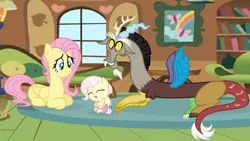 Size: 2230x1262 | Tagged: safe, artist:nocturna76, derpibooru import, discord, fluttershy, oc, oc:harmony, hybrid, pony, baby, base used, discoshy, female, fluttershy's cottage, indoors, interspecies offspring, male, offspring, parent:discord, parent:fluttershy, parents:discoshy, prone, shipping, straight