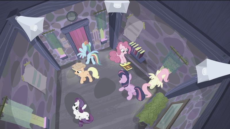 Size: 1440x812 | Tagged: safe, derpibooru import, screencap, applejack, fluttershy, pinkie pie, rainbow dash, rarity, twilight sparkle, twilight sparkle (alicorn), alicorn, earth pony, pegasus, pony, unicorn, the cutie map, bird's eye view, book, equal cutie mark, equalized, female, indoctrination hut, loudspeaker, mane six, mare