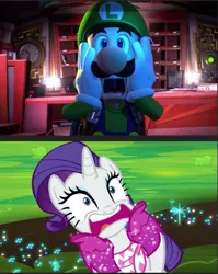 Size: 473x593 | Tagged: boots, clothes, comparison, derpibooru import, edit, glitter boots, luigi, luigi's mansion, luigi's mansion 3, marshmelodrama, nintendo, open mouth, rarity, rarity being rarity, safe, screaming, screencap, shoes, super mario bros., the end in friend