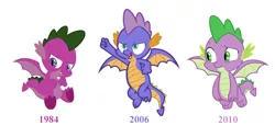Size: 1000x500 | Tagged: 1984, 2006, 2010, 35th anniversary, colored, color edit, derpibooru import, dragon, edit, g1, g1 to g4, g3, g3 to g4, g4, generational dragondox, generation leap, male, master kenbroath gilspotten heathspike, molt down, photoshop, safe, simple background, spike, spike (g1), trio, white background, winged spike