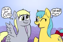 Size: 3000x2000 | Tagged: 35th anniversary, artist:tacodeltaco, bow, bubbles (g1), derpibooru import, derpy hooves, looking at each other, safe, tail bow