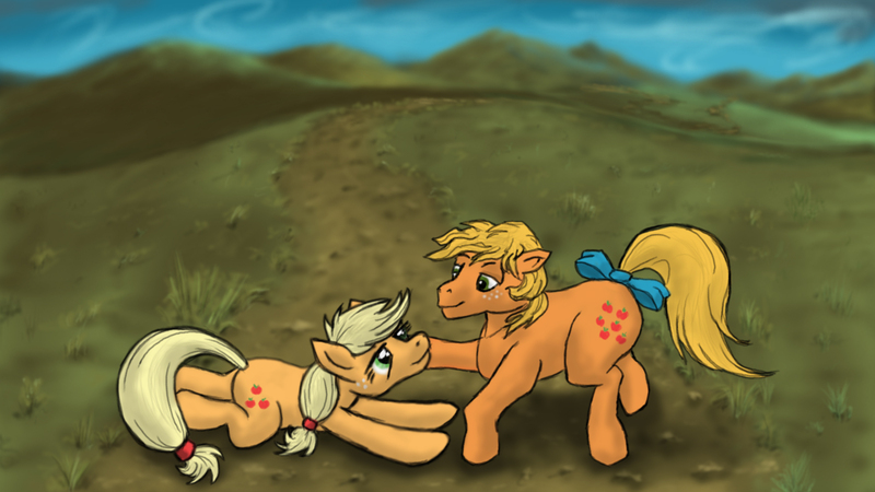 Size: 1920x1080 | Tagged: safe, artist:thelonelampman, derpibooru import, applejack, applejack (g1), earth pony, pony, 35th anniversary, bow, cutie mark, female, g1, g1 to g4, generation leap, generational ponidox, looking at each other, mare, prone, smiling, tail bow