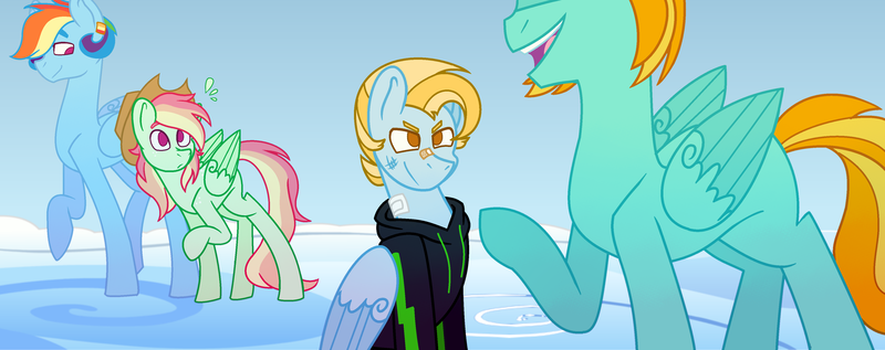 Size: 4052x1608 | Tagged: safe, artist:musicbetmlp, derpibooru import, lightning dust, rainbow dash, oc, oc:pippin, oc:thunder storm, pegasus, pony, applejack's hat, clothes, colt, cowboy hat, hat, hoodie, magical lesbian spawn, male, offspring, older, older lightning dust, older rainbow dash, parent:applejack, parent:flash sentry, parent:lightning dust, parent:rainbow dash, parents:appledash, parents:flashdust, story included