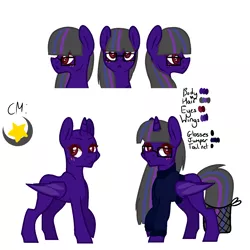 Size: 1500x1500 | Tagged: safe, artist:fulicioustm, artist:kookiebeatz, derpibooru import, oc, oc:dusk's light, unofficial characters only, alicorn, bat pony, bat pony alicorn, pony, alicorn oc, base used, bat wings, blushing, clothes, female, glasses, horn, jumper, mare, raised hoof, reference sheet, simple background, solo, sweater, tail net, white background, wings