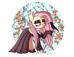 Size: 1558x1203 | Tagged: artist:mcmeg29, bird, clothes, derpibooru import, dress, ear piercing, eyeshadow, fake it 'til you make it, female, flower, fluttergoth, fluttershy, makeup, mare, piercing, raven (bird), safe, solo