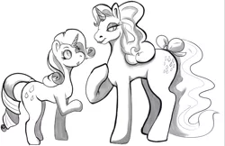Size: 1314x850 | Tagged: safe, artist:radicalweegee, derpibooru import, rarity, sparkler (g1), pony, unicorn, 35th anniversary, bow, eyeshadow, female, grayscale, heart eyes, lidded eyes, lipstick, looking at each other, makeup, mare, monochrome, raised hoof, simple background, tail bow, white background, wingding eyes