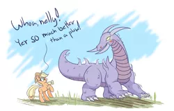 Size: 2000x1280 | Tagged: safe, artist:heir-of-rick, derpibooru import, applejack, applejack (g1), dragon, pony, rescue at midnight castle, 35th anniversary, blushing, dialogue, dragonified, duo, female, field, mare, raised hoof, species swap