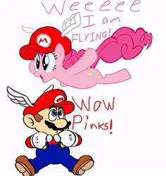 Size: 720x764 | Tagged: cap, crossover, crossover shipping, derpibooru import, female, hat, male, mario, mario hat, mariopie, mario's hat, pinkie pie, safe, shipping, straight, super mario 64, super mario bros., wing cap, wings