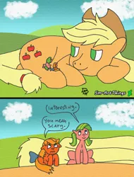 Size: 1021x1340 | Tagged: safe, artist:sm-artthings, derpibooru import, applejack, applejack (g1), applejack (g3), earth pony, pony, 35th anniversary, female, g1, g1 to g4, g3, g4, generation leap, generational ponidox, giant pony, macro, size difference