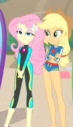 Size: 379x659 | Tagged: safe, derpibooru import, screencap, applejack, fluttershy, blue crushed, equestria girls, equestria girls series, applejack's hat, belly button, clothes, cowboy hat, cropped, fluttershy is not amused, geode of fauna, geode of super strength, hat, legs, magical geodes, swimsuit, unamused