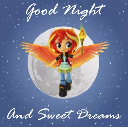 Size: 937x931 | Tagged: safe, artist:whatthehell!?, derpibooru import, sunset shimmer, equestria girls, boots, clothes, doll, dress, equestria girls minis, eqventures of the minis, fiery shimmer, good night, irl, jacket, moon, night, night sky, pants, photo, shoes, sky, stars, torch, toy, wings