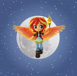 Size: 1249x1241 | Tagged: safe, artist:whatthehell!?, derpibooru import, sunset shimmer, equestria girls, boots, clothes, doll, dress, equestria girls minis, irl, jacket, moon, night, night sky, pants, photo, shoes, sky, stars, torch, toy, wings