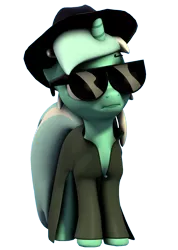 Size: 1512x2120 | Tagged: safe, artist:goatcanon, derpibooru import, lyra heartstrings, pony, comic:lyra's story, 3d, clothes, comic, disguise, hat, simple background, sneak peek, solo, source filmmaker, sunglasses, transparent background, trenchcoat